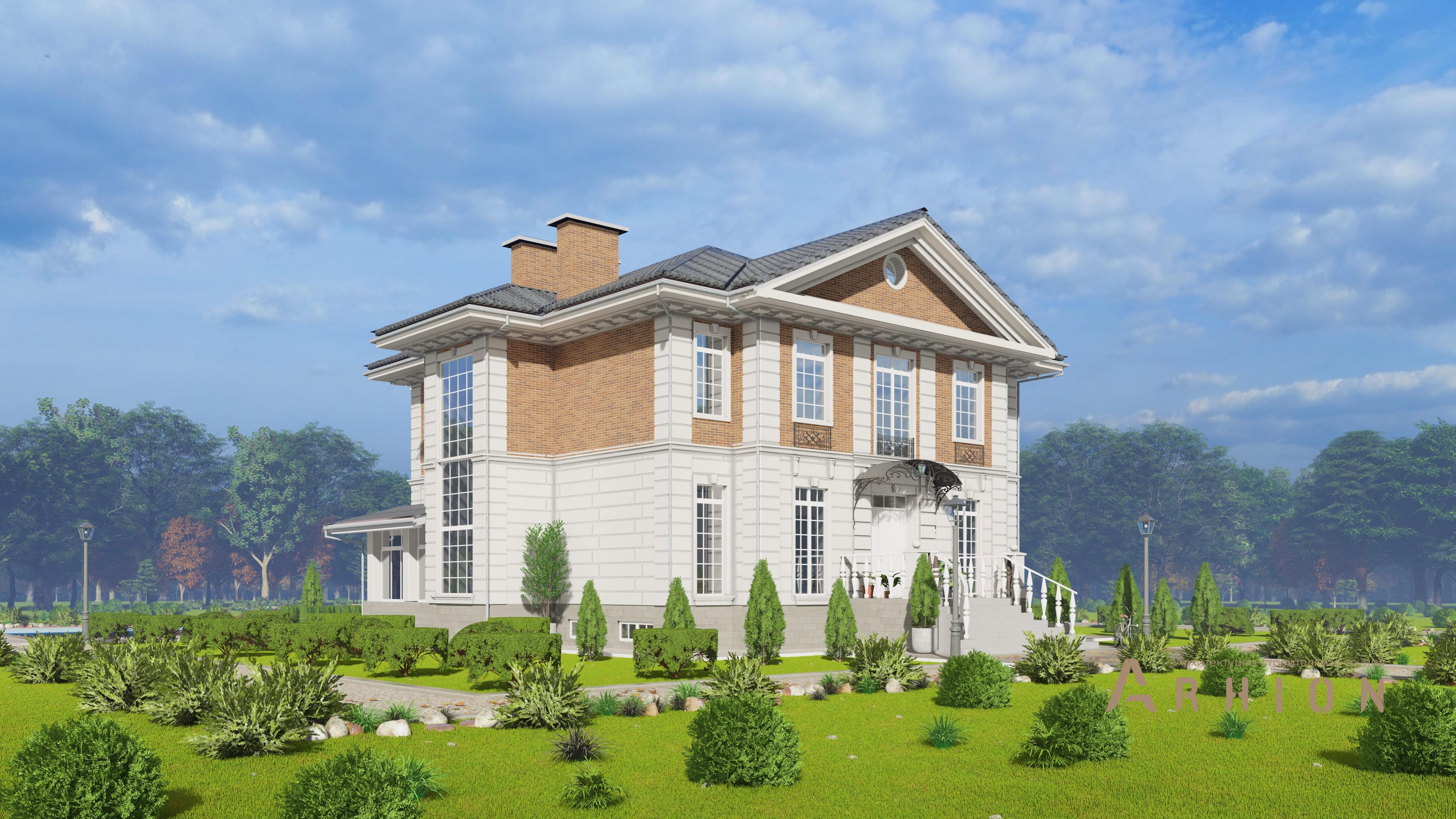 3. Проект двухэтажного дома в классическом стиле с многоскатной кровлей, h-1602, площадью - 537 кв c цокольным этажом, сауной, терассой, балконом